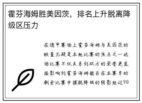 霍芬海姆胜美因茨，排名上升脱离降级区压力